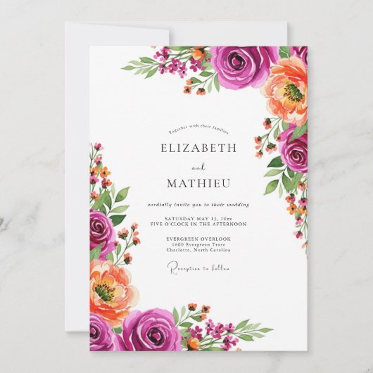 Magenta Bloom Botanical Wedding Kaart (Voorkant)