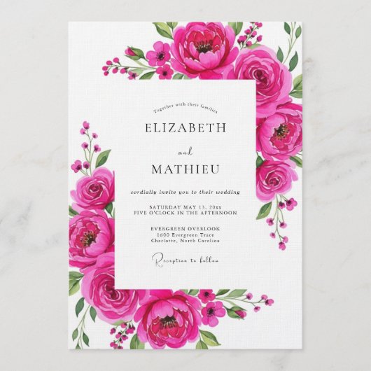 Magenta Bloom Flourish Wedding Kaart (Voorkant)