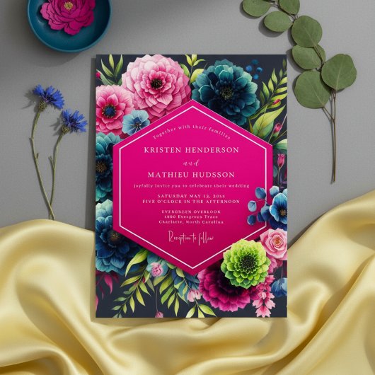 Magenta Bloom Moody Bruiloft Kaart