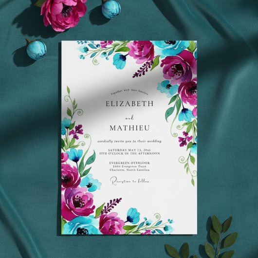 Magenta Bloom Splash Wedding Kaart