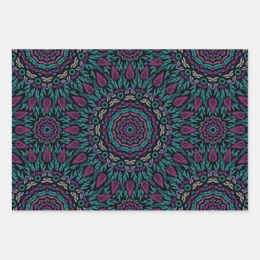 Magenta Blue Blauwgroen Gothic Glas in lood Mandal Inpakpapier Vel (Voorkant)