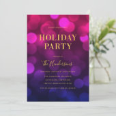 Magenta Blue Bokeh Lights Faux Gold Holiday Party Kaart (Staand voorkant)
