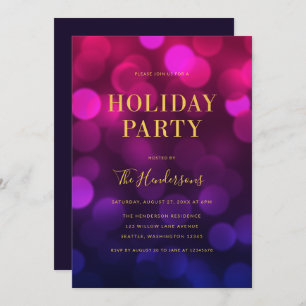 Magenta Blue Bokeh Lights Faux Gold Holiday Party Kaart