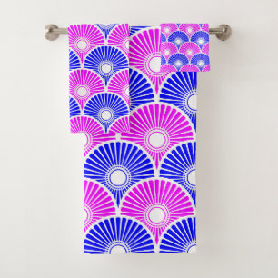 Magenta Blue Chinese Semi Circle Wave Pattern Bad Handdoek