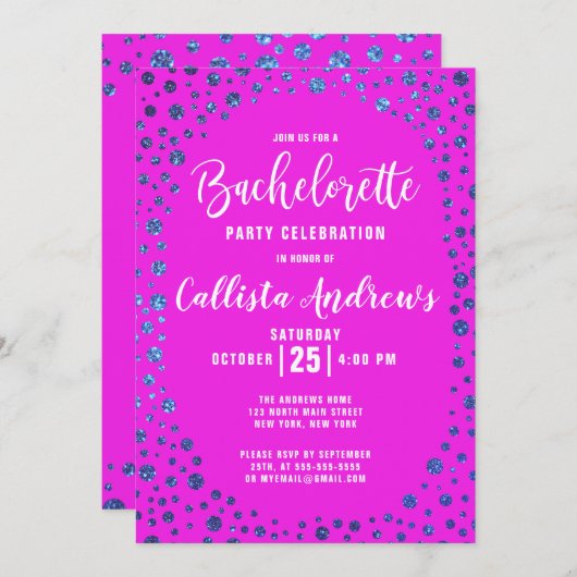 Magenta Blue Glitter Confetti Border Bachelorette Kaart (Voorkant / Achterkant)