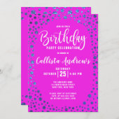 Magenta Blue Glitter Confetti Border Verjaardag Kaart (Voorkant / Achterkant)