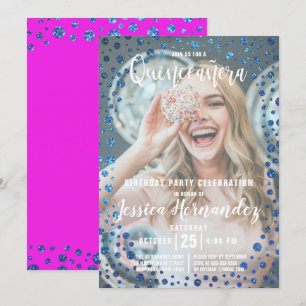 Magenta Blue Glitter Confetti Foto Quinceañera Kaart