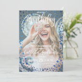 Magenta Blue Glitter Confetti Fotoverjaardag Kaart (Staand voorkant)