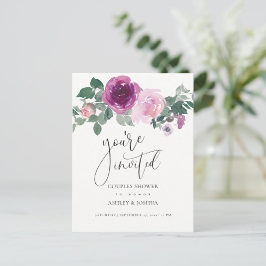 Magenta Blush Floral Ivory Couples Wedding Shower Uitnodiging Briefkaart (Staand voorkant)