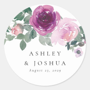 Magenta Blush Watercolor Bloemen Bruiloft Ronde Sticker