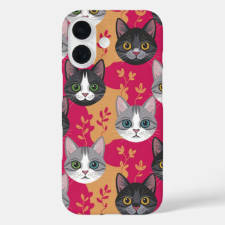 Magenta & Botanische Blad Kitty iPhone 16 Hoesje