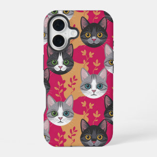 Magenta & Botanische Blad Kitty iPhone 16 Hoesje