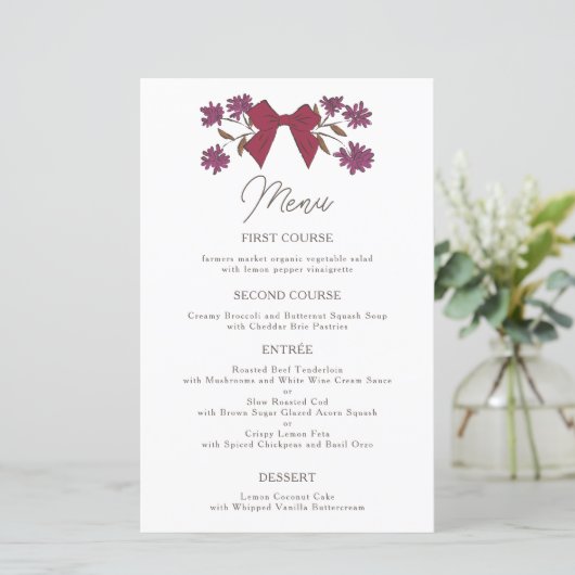Magenta Bows Flower Wedding Dinner Menu (Staand voorkant)