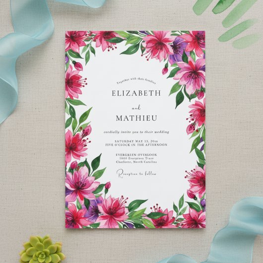 Magenta Bruiloft met Levendige Bloemen Kaart
