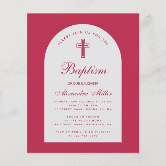 Magenta Budget Girl Baptism Red Arch Uitnodiging (Voorkant)