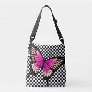 Magenta Butterfly Checker Cross Body Canvas tas