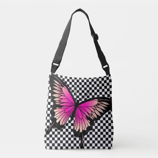 Magenta Butterfly Checker Cross Body Canvas tas (Voorkant)