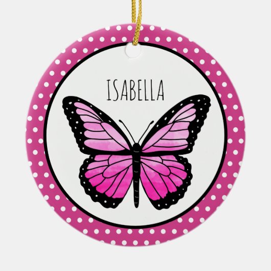 Magenta Butterfly Polka Dot gepersonaliseerd Keramisch Ornament (Voorkant)