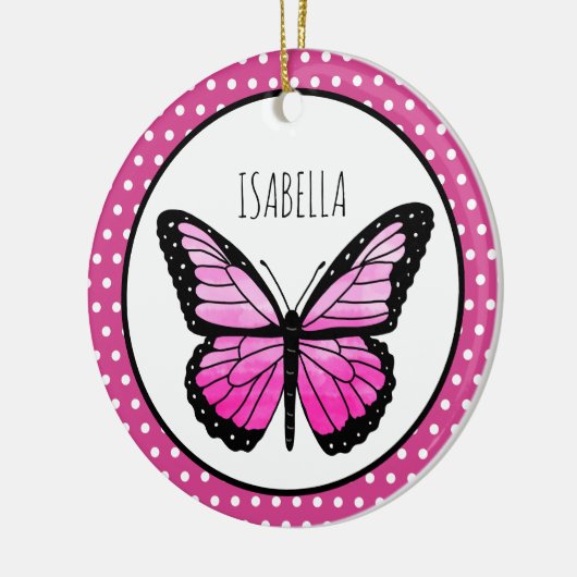 Magenta Butterfly Polka Dot gepersonaliseerd Keramisch Ornament (Links)