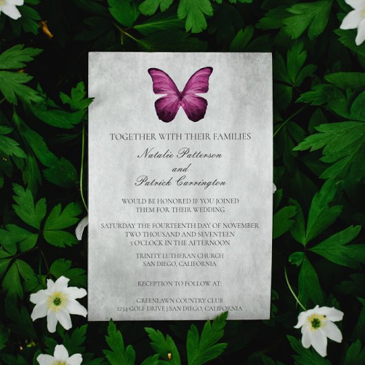 Magenta Butterfly Wedding Invitation Kaart