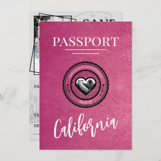 Magenta California Passport Bewaar de datum Save The Date (Voorkant / Achterkant)