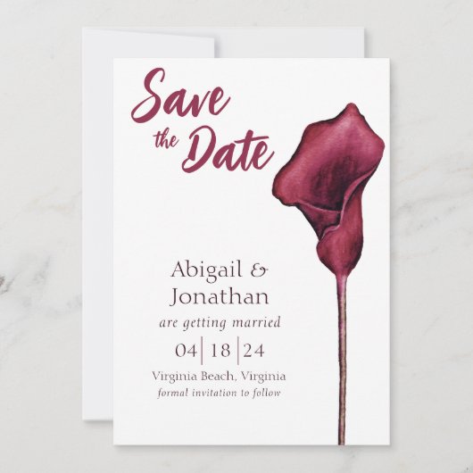 Magenta Calla Lily Waterverf Vloeiend huwelijk Save The Date (Voorkant)