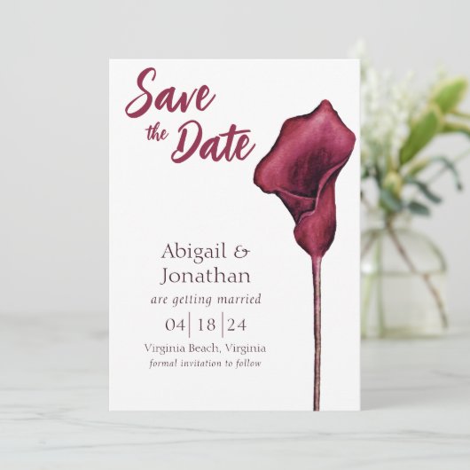 Magenta Calla Lily Waterverf Vloeiend huwelijk Save The Date (Staand voorkant)