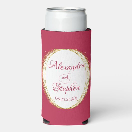Magenta Calligrafie Paar naam Monogram Weddenschap Seltzer Blikjeskoeler (Seltzer Voorkant)