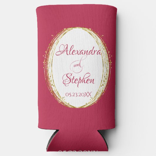 Magenta Calligrafie Paar naam Monogram Weddenschap Seltzer Blikjeskoeler (Voorkant)