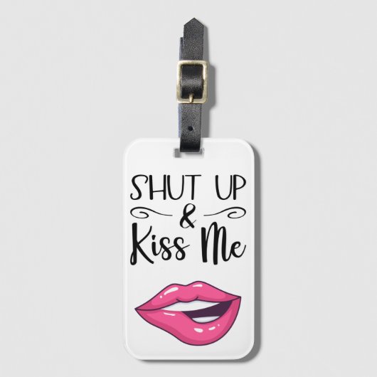 Magenta cartoon lippen dicht en kus me wit bagagelabel (Voorkant (verticaal))