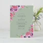 Magenta Celadon Anemoon Bruiloft Kaart (Staand voorkant)