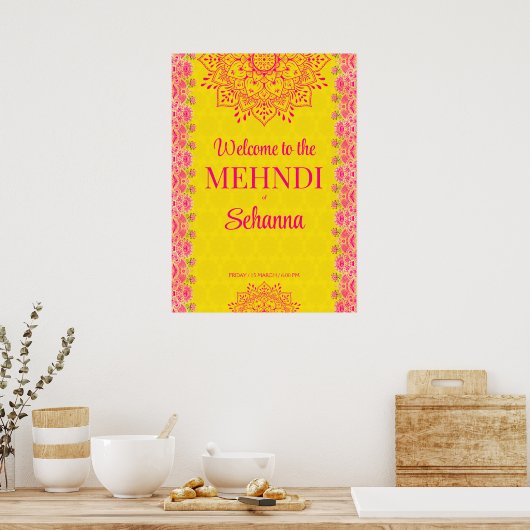 Magenta cerise heldergeel Mehndi-welkomstteken Poster (Keuken)