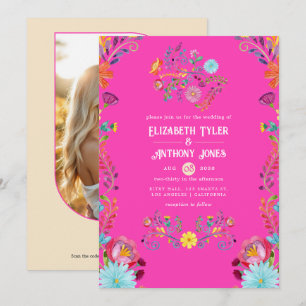 Magenta & Champagne Bloemrijke Mexicaanse Fiesta B Kaart