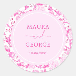 Magenta Chinoiserie Bloem Vogel Porselein Bruiloft Ronde Sticker