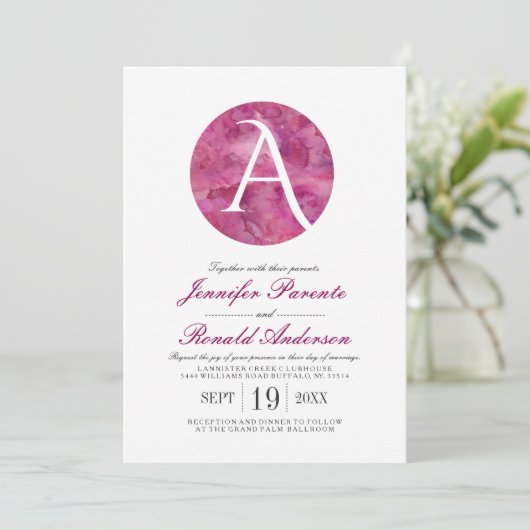 Magenta Cloud Window Monogram Weddenschap Kaart (Staand voorkant)