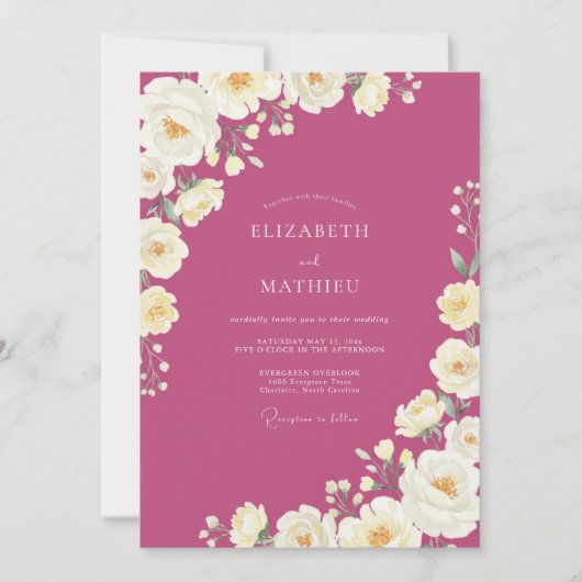 Magenta Crème Ranunculus Eucalyptus Bruiloft Kaart (Voorkant)