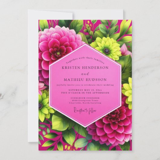 Magenta Dahlia Bloeiende Bruiloft Kaart (Voorkant)