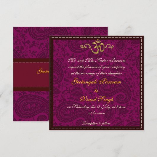 Magenta damask brocade Hindu bruiloft Kaart (Voorkant / Achterkant)