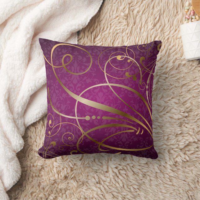 Magenta Damask Gold Swirls Flourish Kussen (Deken)
