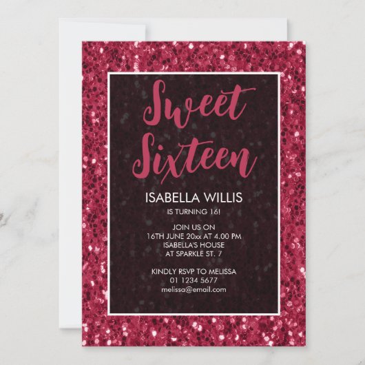 Magenta dark roze sparkles Sweet 16 elegant script Kaart (Voorkant)