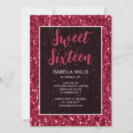 Magenta dark roze sparkles Sweet 16 elegant script Kaart