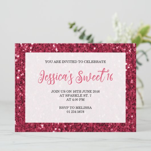 Magenta dark roze sparkles Sweet 16 elegant script Kaart (Staand voorkant)
