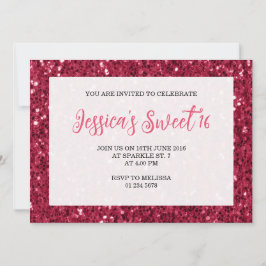 Magenta dark roze sparkles Sweet 16 elegant script Kaart