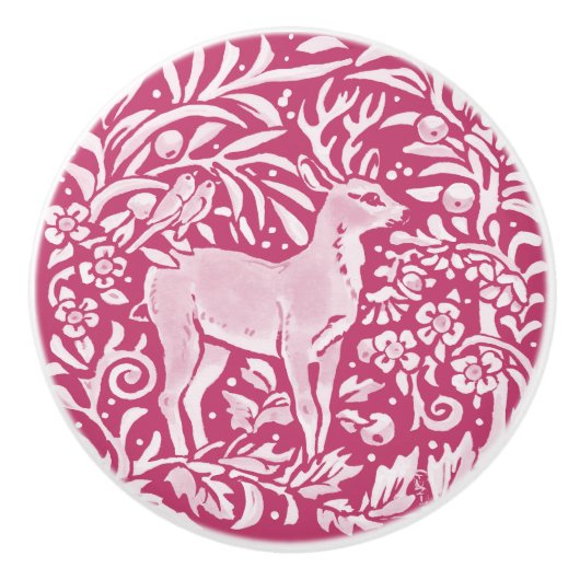 Magenta Deer Bird Forest Woodland Natuur Keramische Knop (Voorkant)