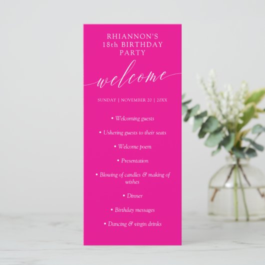 Magenta Delicate Calligraphy Birthday Party Programmakaart (Staand voorkant)