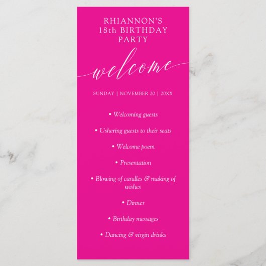 Magenta Delicate Calligraphy Birthday Party Programmakaart (Voorkant)