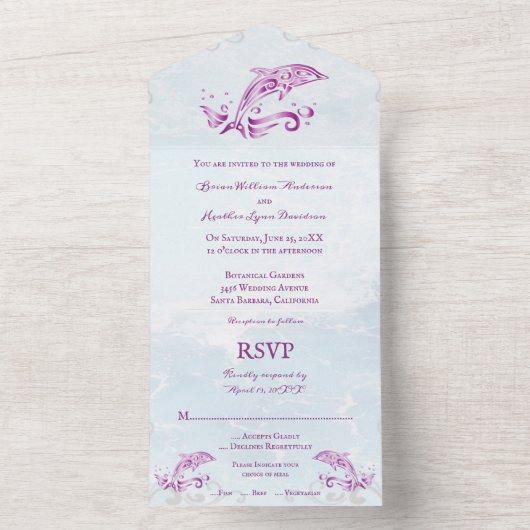 Magenta Dolphin All in One Wedding Invite All In One Uitnodiging (Binnen)