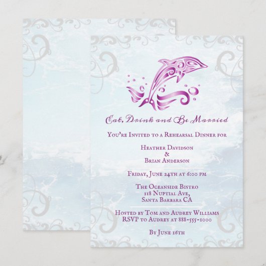 Magenta Dolphin Wedding Rehearsal Dinner Kaart (Voorkant / Achterkant)