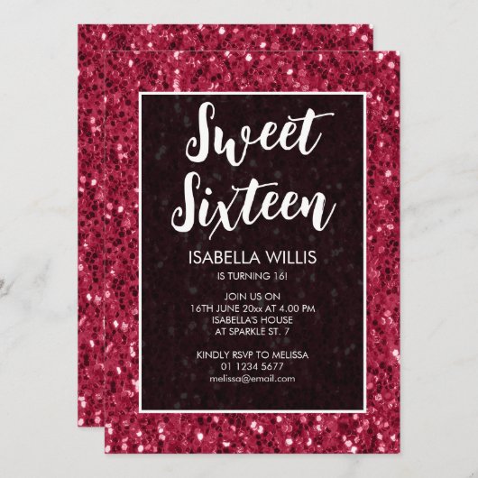 Magenta donker roze glitters Sweet 16 elegante scr Kaart (Voorkant / Achterkant)