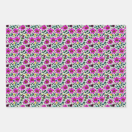 Magenta Doodle Flowers Inpakpapier Vel (Voorkant)